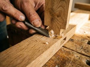 Mains d'ébéniste ajustant un assemblage tenon-mortaise en chêne