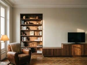 Bibliothèque et meuble TV en noyer sur mesure dans un salon