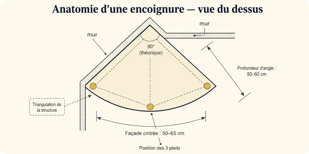 Anatomie d'une encoignure vue du dessus — structure triangulaire, piètement trois pieds, façade cintrée