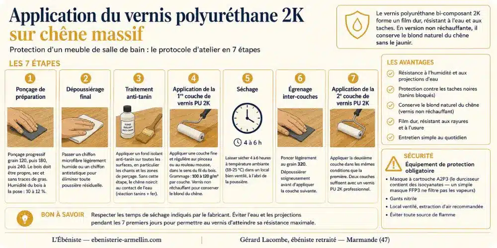 Application vernis polyuréthane sur chêne massif protection meuble salle de bain