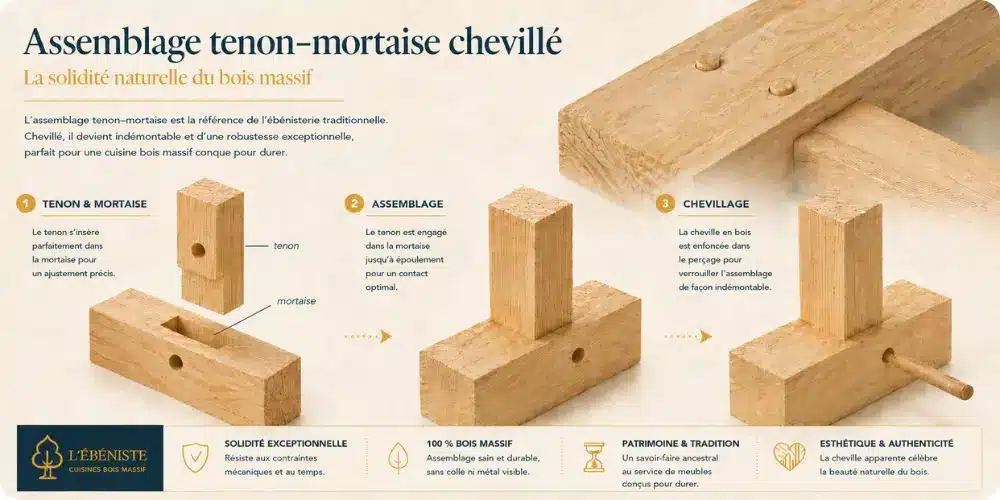 Assemblage tenon-mortaise chevillé cadre bois massif ébénisterie cuisine sur mesure