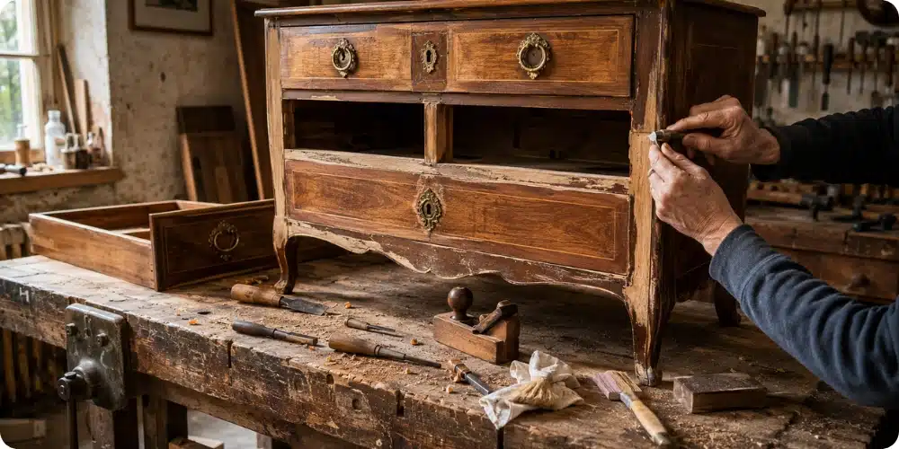 Atelier d'ébéniste avec commode ancienne en cours de restauration sous lumière naturelle