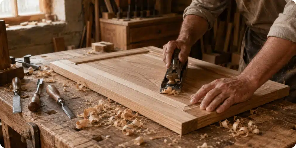 Atelier ébéniste fabrication cuisine bois massif façade en cours de corroyage