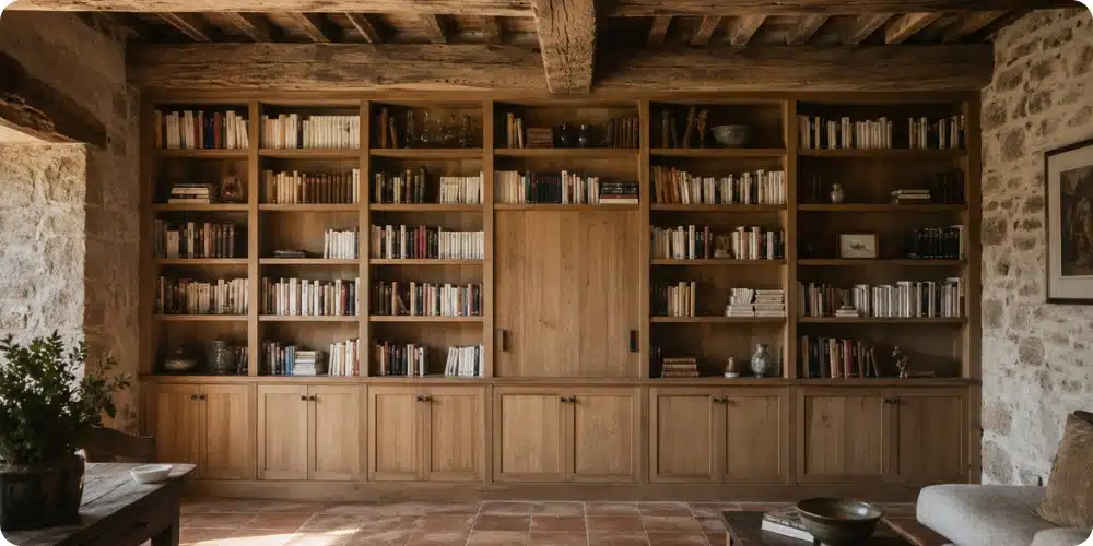 Bibliothèque en châtaignier brossé plein mur dans une ferme en pierres du Sud-Ouest avec poutres apparentes chêne