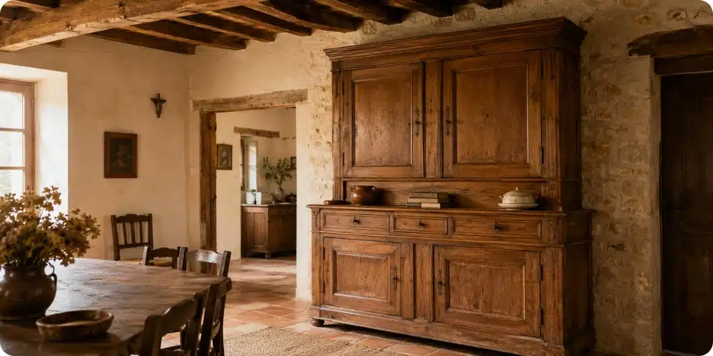 Buffet ancien en orme massif deux corps dans une salle à manger de ferme rénovée du Sud-Ouest