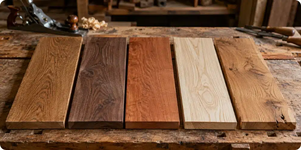 Cinq planches d'essences de bois différentes posées côte à côte sur un établi d'atelier d'ébénisterie
