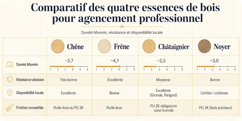 Comparatif des quatre essences de bois pour agencement professionnel : dureté Monnin, résistance et disponibilité locale