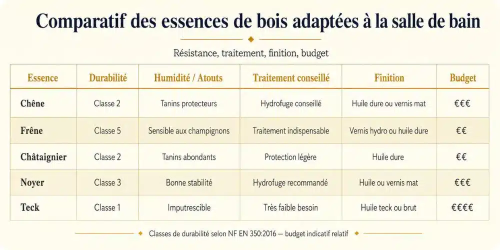 Comparatif essences bois pour meuble de salle de bain résistance humidité traitement finition