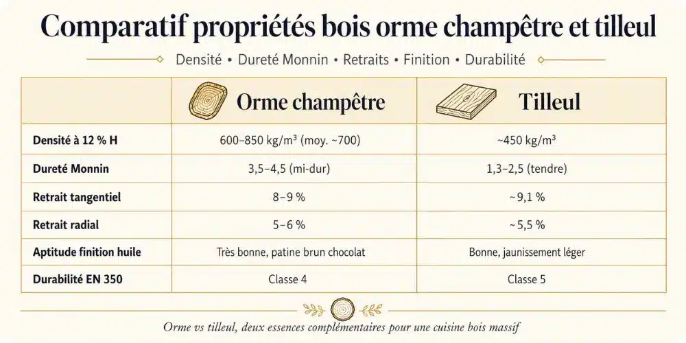 Comparatif propriétés bois orme champêtre et tilleul densité dureté Monnin retrait tangentiel