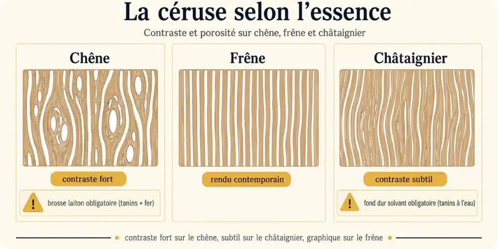 Comparatif visuel de la céruse sur chêne, frêne et châtaignier montrant contraste et porosité