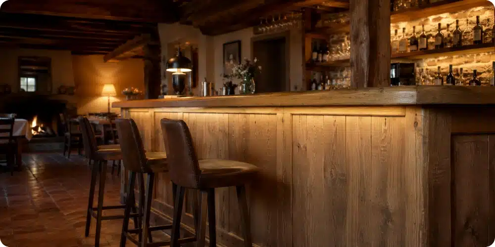 Comptoir de bar en châtaignier brossé vernis PU 2K dans un restaurant rural du Sud-Ouest avec poutres apparentes