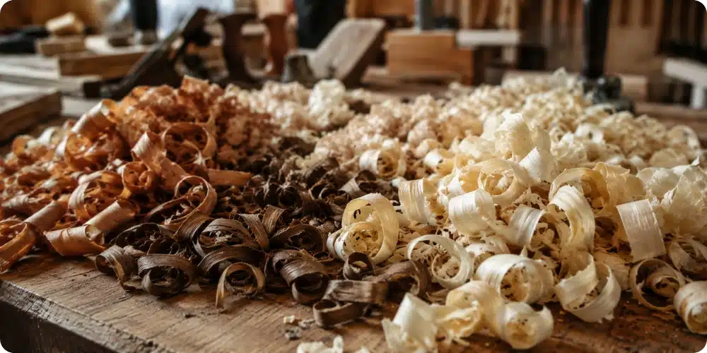 Copeaux de rabotage de plusieurs essences de bois mélangés sur un établi d'ébénisterie