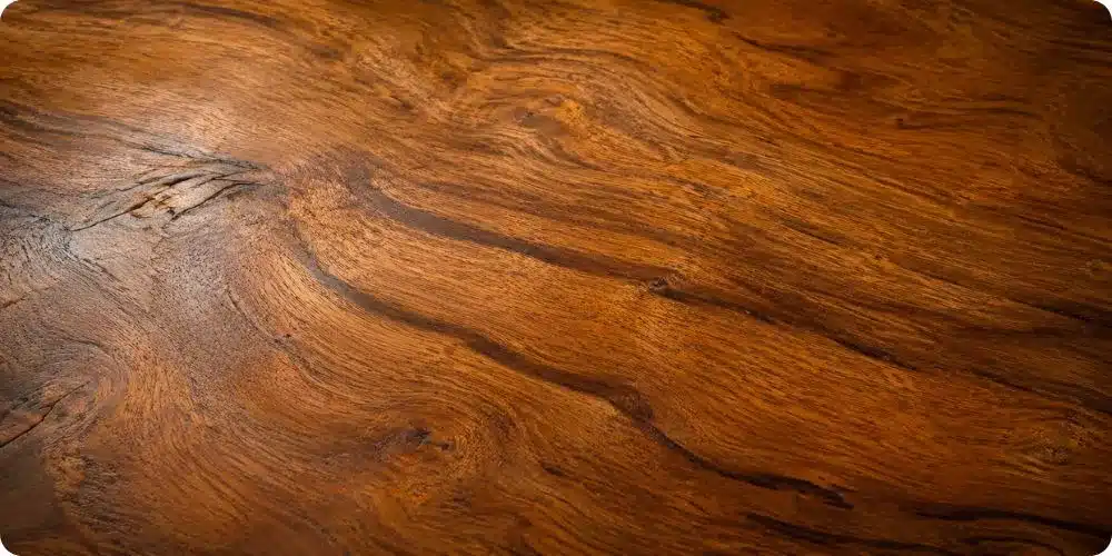 Grain du noyer ancien patiné en détail — veinage sombre sur fond clair, patine à la cire d'abeille