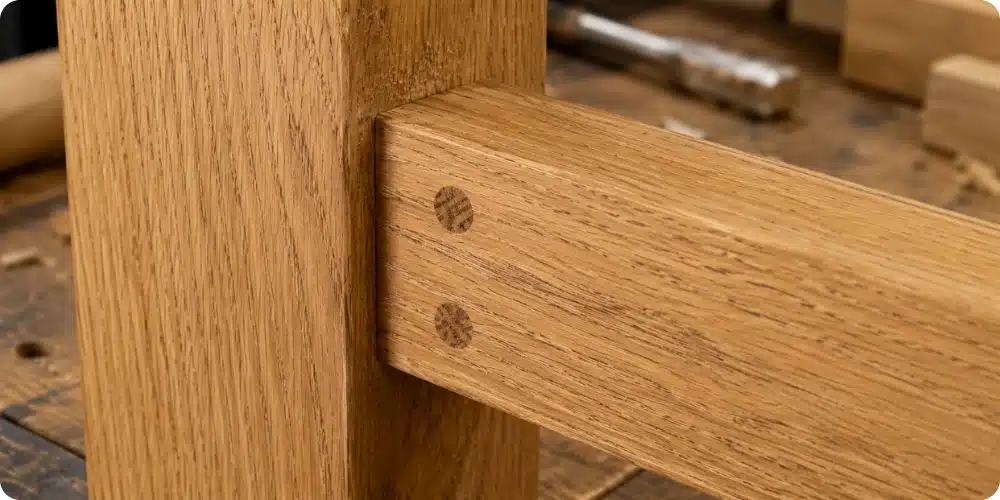 Gros plan assemblage tenon-mortaise chevillé sur cadre de porte en chêne massif