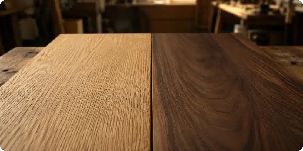Gros plan sur le grain du bois de chêne et du noyer côte à côte montrant la différence de texture