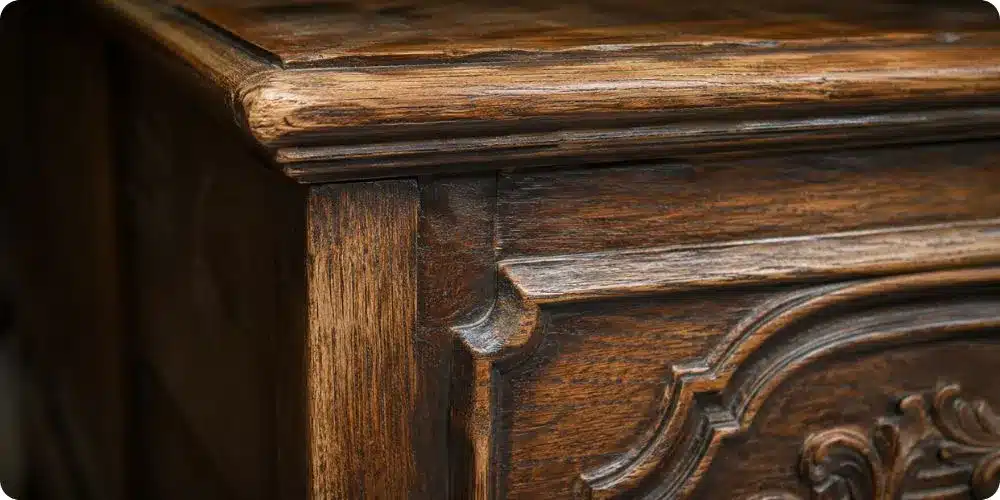 Gros plan sur l'usure naturelle d'un meuble ancien en chêne patiné : arêtes éclaircies et creux sombres