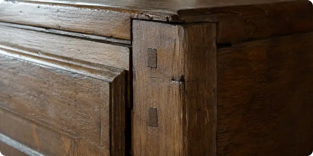 Gros plan sur un assemblage tenon-mortaise chevillé visible sur un meuble ancien en chêne