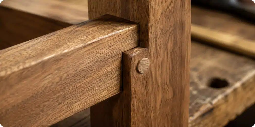Gros plan sur une cheville en bois dur enfoncée dans un assemblage tenon-mortaise, grain de fil visible
