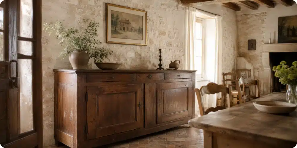 Meuble ancien patiné en châtaignier dans l'intérieur d'une longère du Sud-Ouest