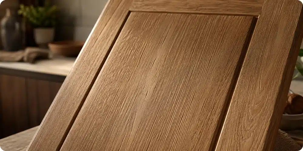 Planche de châtaignier brossé grain visible fibres dures en relief pour façade cuisine bois massif