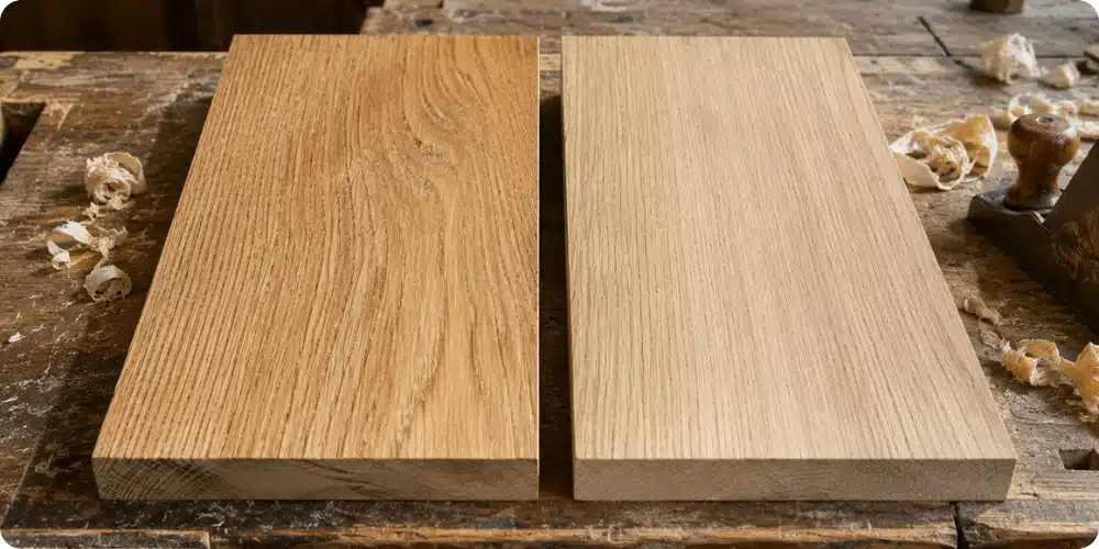 Planches de châtaignier brossé et chêne brut côte à côte sur un établi d'atelier ébénisterie