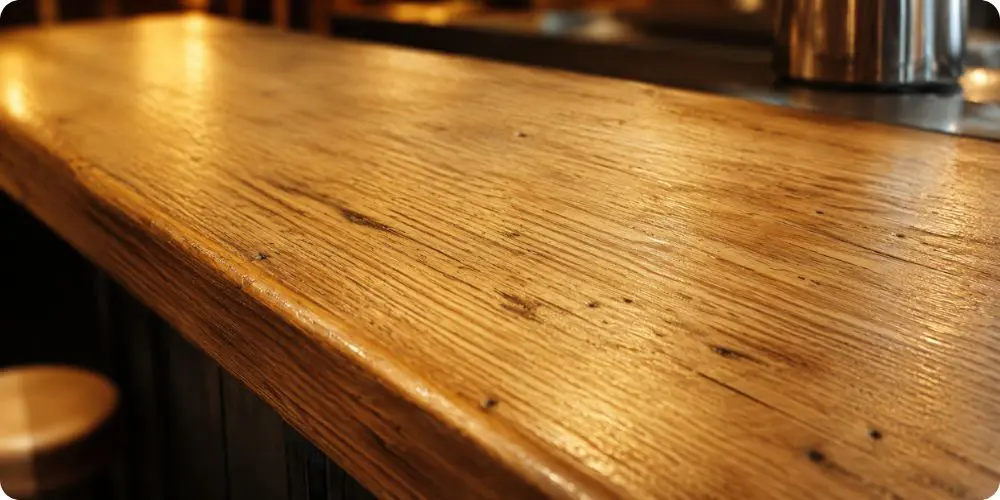 Plateau de comptoir en chêne verni présentant une patine dorée après plusieurs années de service