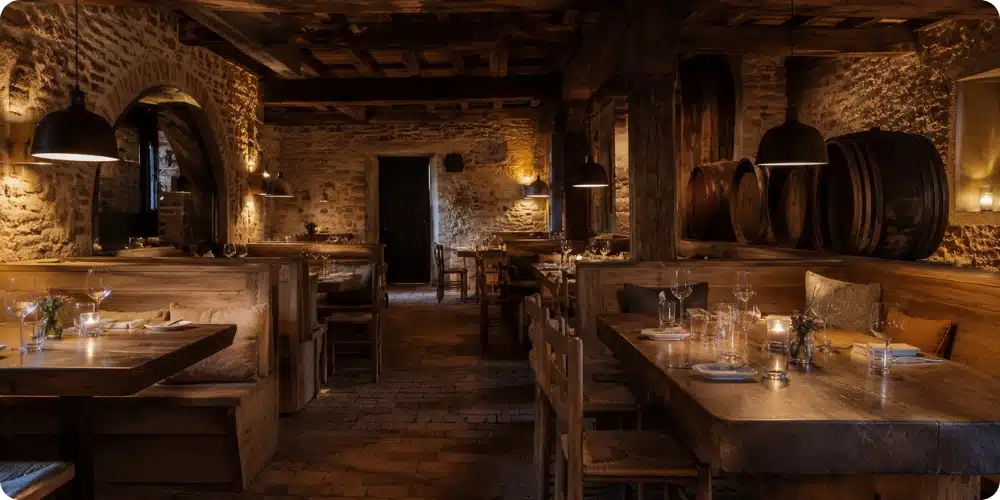Salle de restaurant aménagée en bois massif dans un ancien chai réhabilité du Sud-Ouest, tables chêne et banquettes frêne
