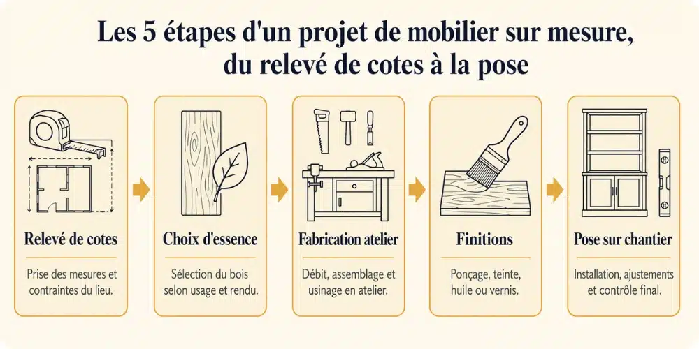 Schéma des cinq étapes d'un projet de mobilier sur mesure en bois massif du relevé de cotes à la pose