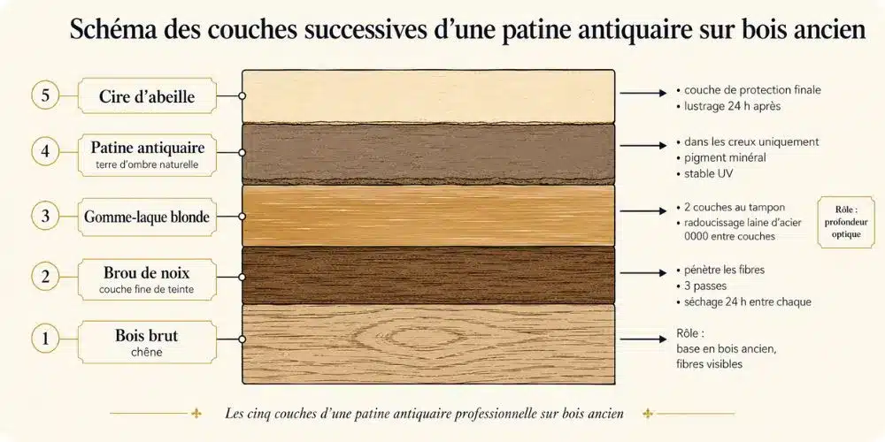 Schéma des couches successives d'une patine antiquaire sur bois ancien : brou de noix, gomme-laque, terre d'ombre, cire