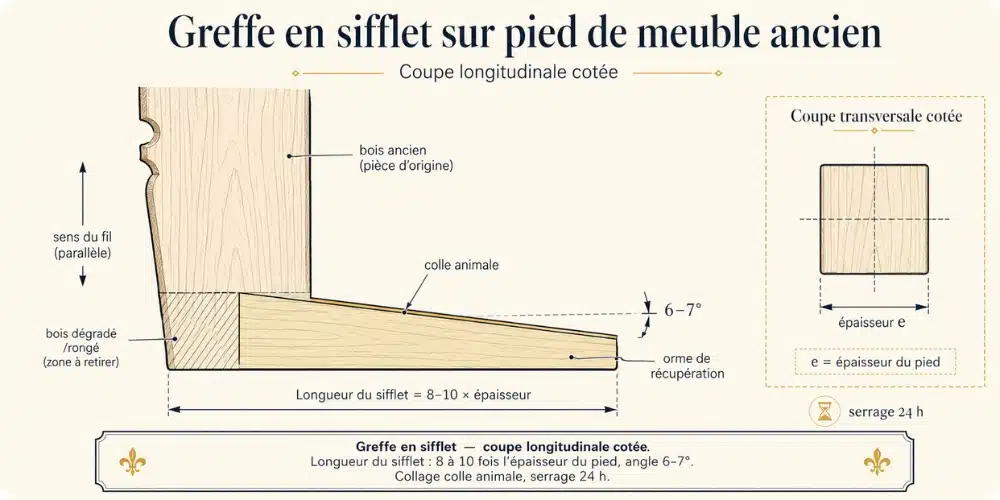 Schéma technique d'une greffe en sifflet sur pied de meuble ancien avec coupe transversale cotée