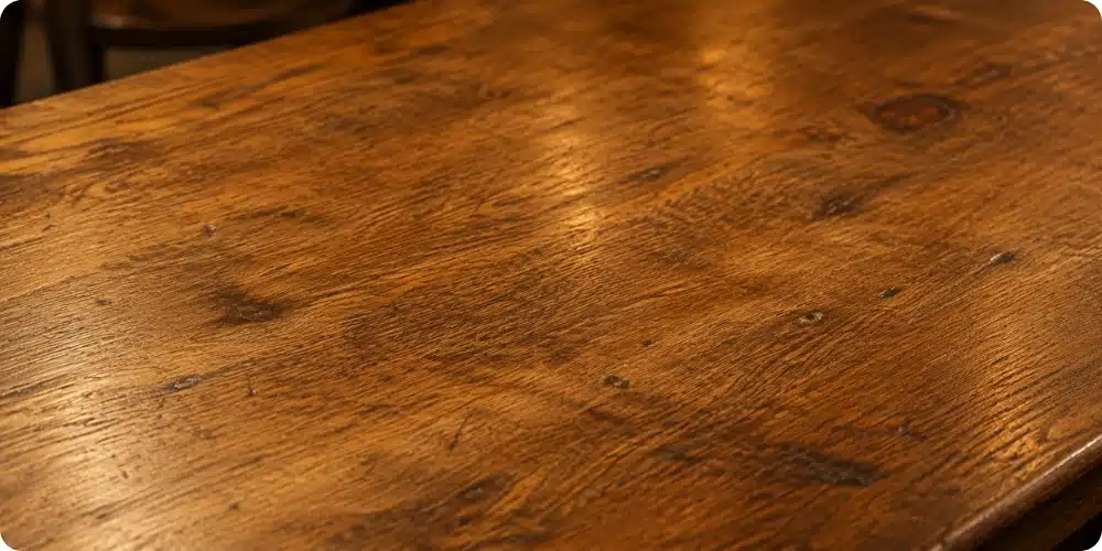 Surface de table en bois massif huilé après plusieurs années d'usage intensif en restaurant, patine et traces d'exploitation