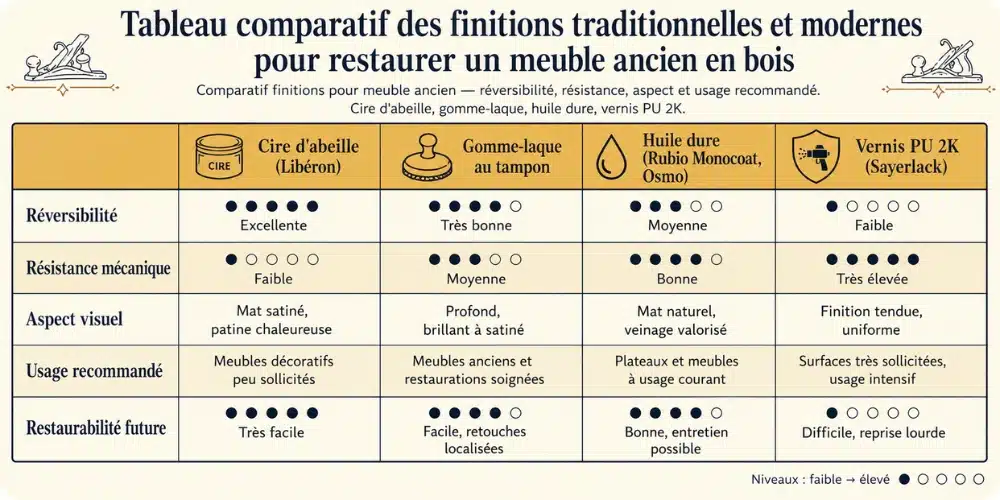 Tableau comparatif des finitions traditionnelles et modernes pour restaurer un meuble ancien en bois