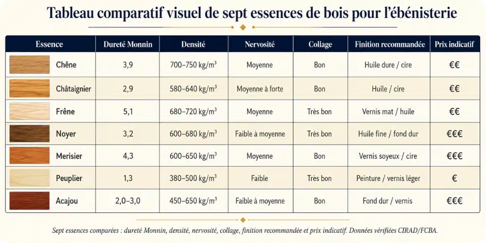 Tableau comparatif visuel de sept essences de bois pour l'ébénisterie avec dureté densité et finition