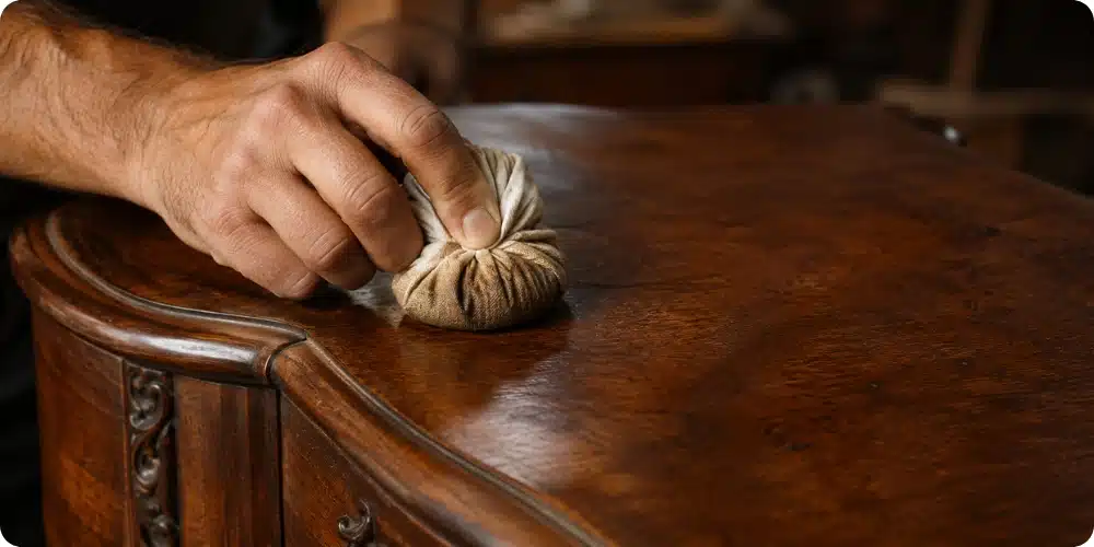 Tampon de gomme-laque posé sur surface de meuble ancien en noyer, technique de vernis au tampon
