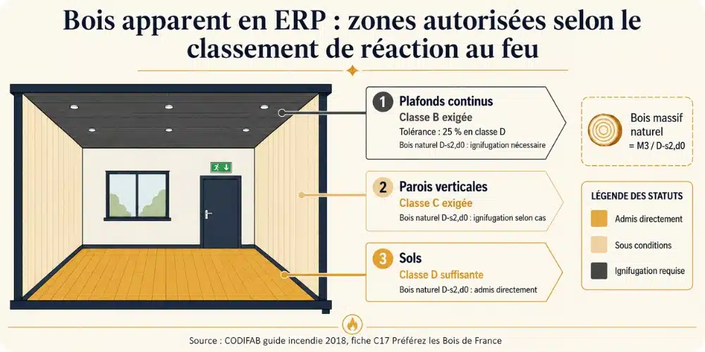 Zones de bois apparent autorisées en ERP selon le classement de réaction au feu : euroclasses par surface