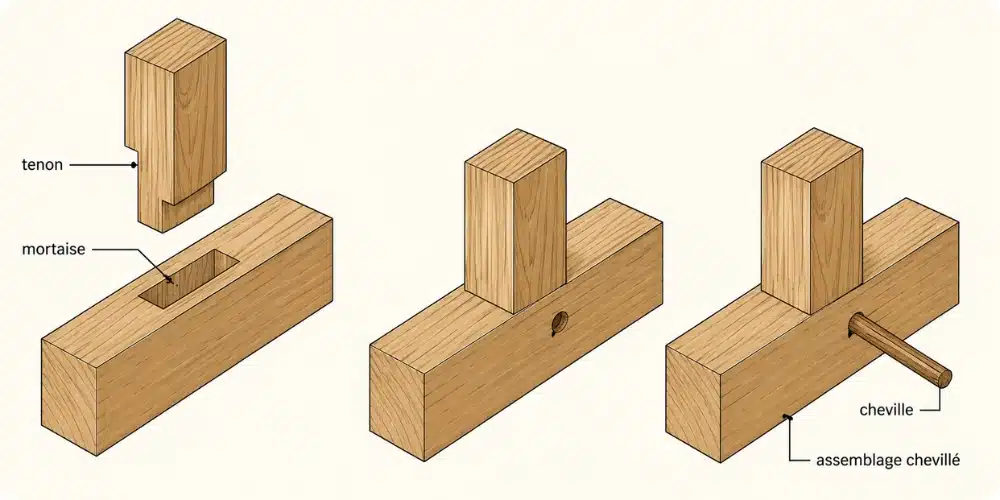 Coupe d'un assemblage tenon-mortaise chevillé avec cotes, tenon 30 mm, cheville hêtre 8 mm, décalage à tire 1,5 mm