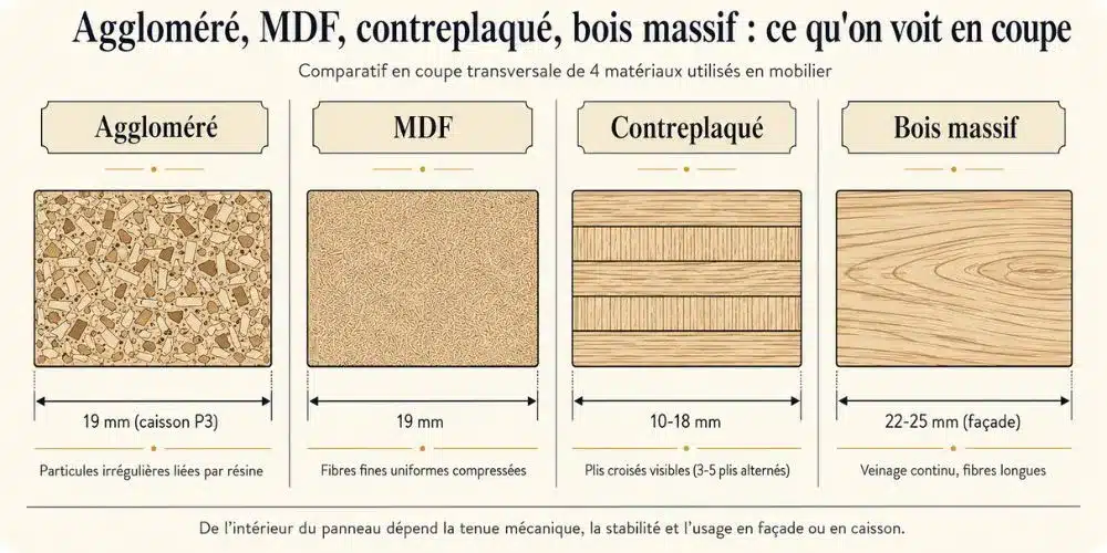 Comparatif en coupe transversale : structure interne de l'aggloméré, du MDF, du contreplaqué et du bois massif