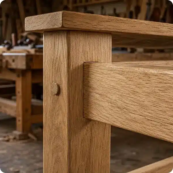 Gros plan assemblage tenon-mortaise chevillé sur pied de banc en chêne massif atelier ébéniste