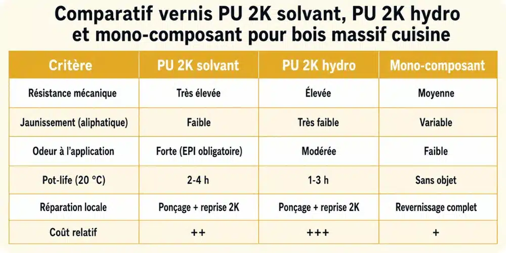 Comparatif vernis PU 2K solvant, PU 2K hydro et mono-composant pour bois massif cuisine