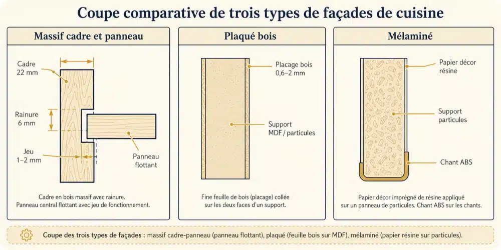 Coupe comparative de trois types de façades de cuisine : cadre et panneau massif, plaqué bois et mélaminé