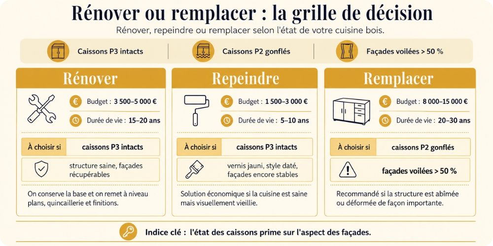 Grille de décision pour rénover ou remplacer une vieille cuisine en bois massif selon l'état des caissons et façades