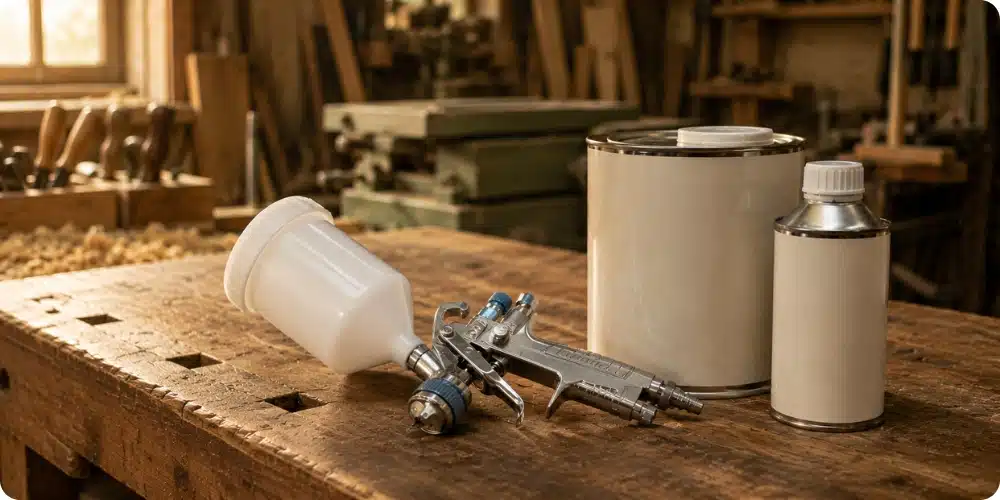 Pistolet HVLP et bidon de vernis polyuréthane bi-composant posés sur établi d'ébéniste