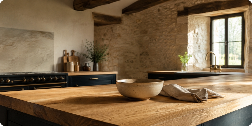 Plan de travail en bois massif avec grain apparent sous lumière naturelle dans une cuisine rénovée