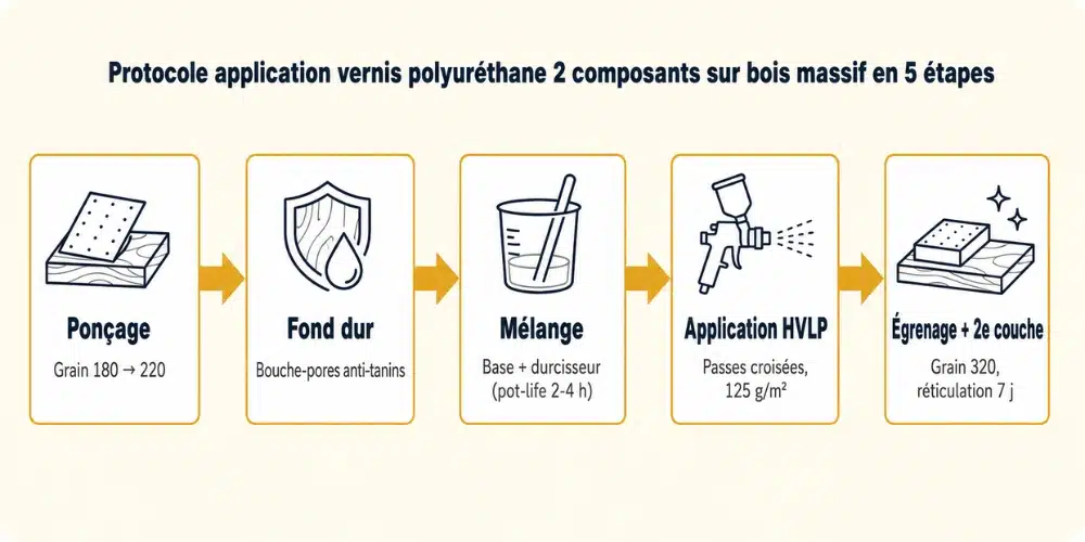 Protocole application vernis polyuréthane 2 composants sur bois massif en 5 étapes