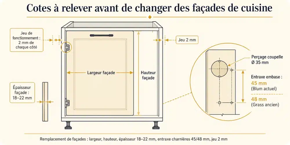 Schéma technique des cotes à relever avant de changer des façades de cuisine sur caissons existants