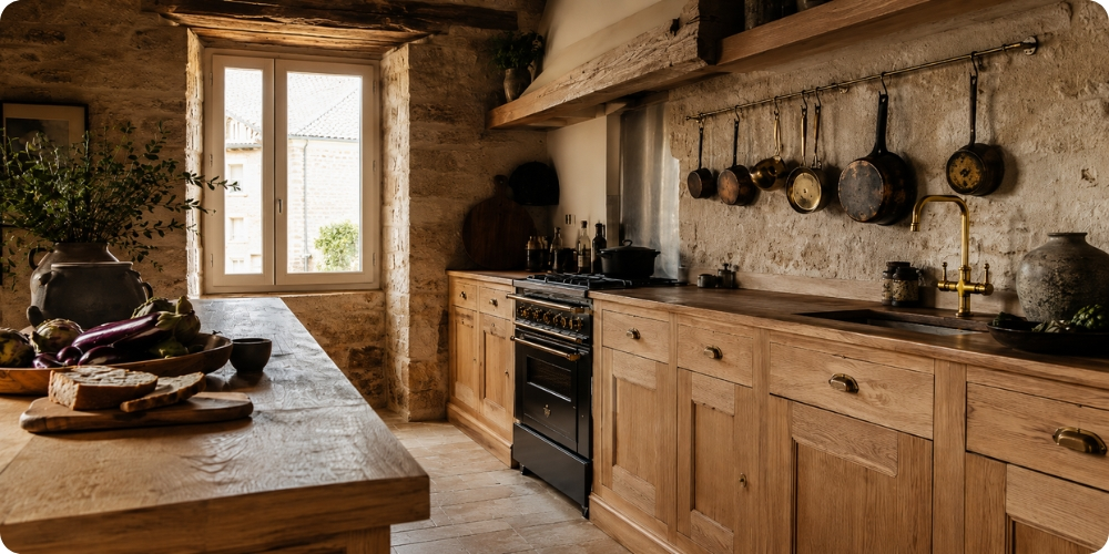 Cuisine en chêne massif posée par un menuisier dans une maison en pierre du Sud-Ouest, lumière naturelle