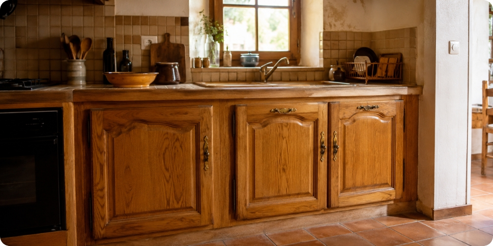 Cuisine chêne verni années 80 dans une maison de lotissement avant rénovation