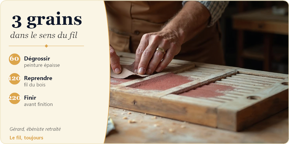 Ponçage progressif décapage peinture bois : grains 60, 120 et 220 dans le sens du fil du bois