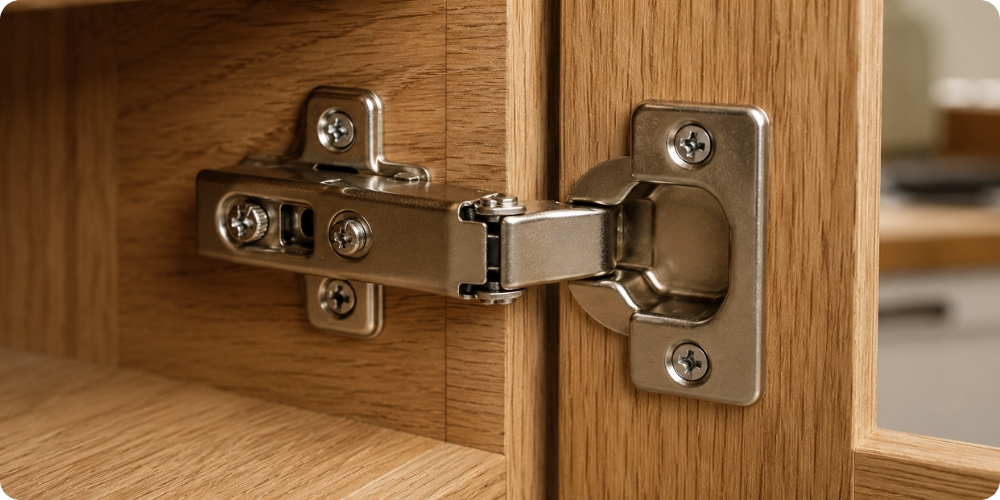 gros plan d'une charnière invisible montée sur une porte de meuble en chêne, bras et vis de réglage visibles