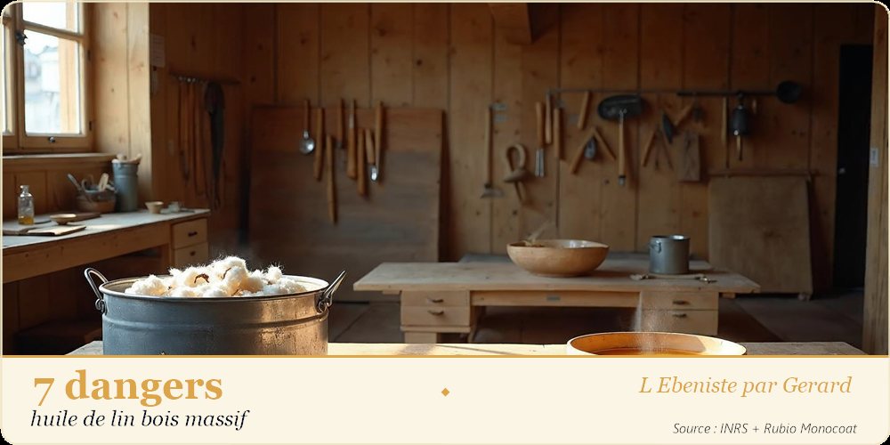 Chiffons huile de lin immergés dans un seau et bidon fermé, protocole atelier sécurisé selon un ébéniste retraité